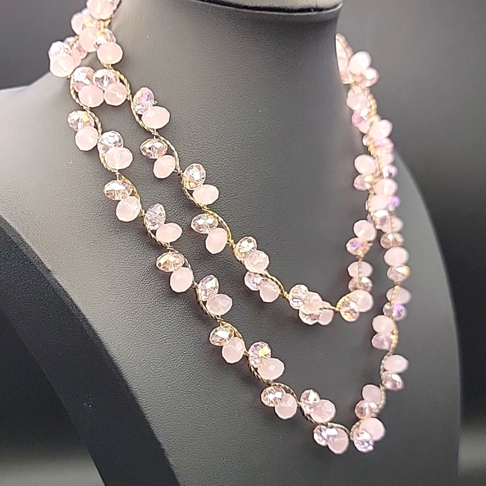 Elegant Long 36" Faceted Frosted Pink & Clear AB Rose Crystal Beaded Necklace